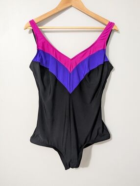 Vintage 80s Slim-Allure Swimsuit Neon Pink Purple Chevron Medium 8/10 ILGWU